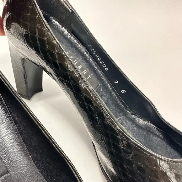 Stuart Weitzman black square toe croc embossed chunky heel pumps size 9 - Picture 6 of 10